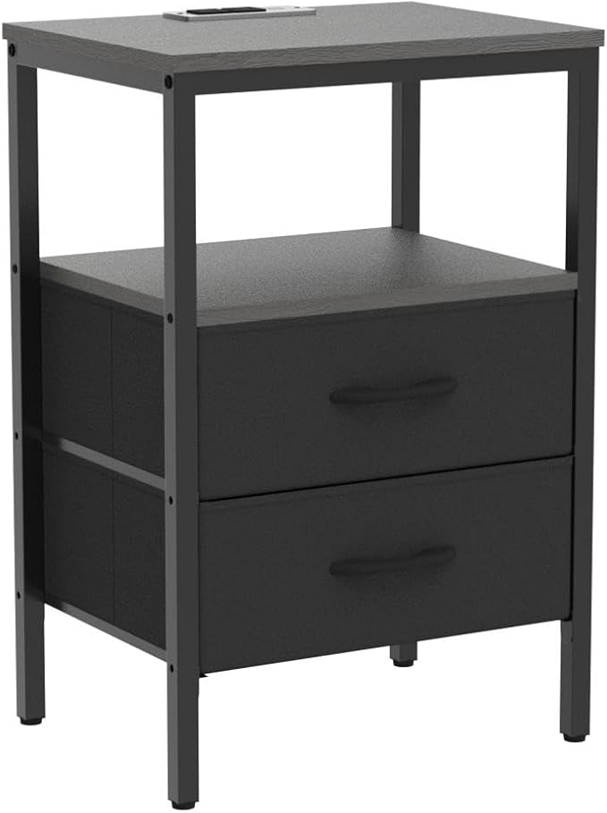 Huuger Nightstands Set of 2, End Tables with Charging Station, Side Tables with Fabric Drawers, Bedside Tables with USB Ports and Outlets, Night Stands for Bedroom, Charcoal Gray