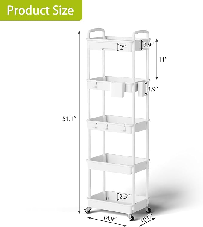 5 Tier Rolling Cart Organizer,Bathroom Cart Organizers with Wheels Laundry Room Organization Mobile Shelving Unit Utility Cart Storage Shelves Multi-Functional for Office, Home(White)-NeatNest