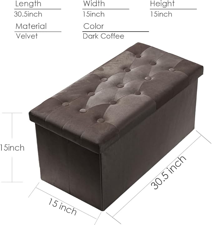 PRANDOM Extra Large Ottoman with Storage [1-Pack] Velvet Folding Small Square Foot Stool with Lid for Living Room Bedroom Coffee Table Dorm Dark Coffee 30.5x15x15 inches-NeatNest