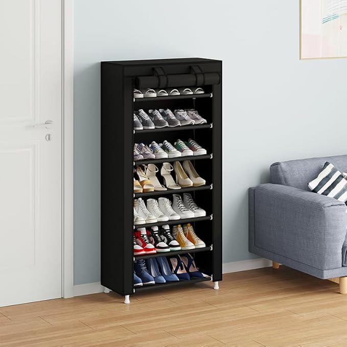 Calmootey 7 Tier Shoe Rack Organizer,Portable Shoe Shelf with Nonwoven Fabric Cover for Closet Hallway,Bedroom,Entryway,Black-NeatNest