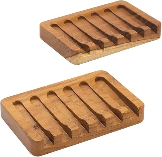 2PCS Self Draining Soap Dishes by HTB, Teak Wood Soap Holder, Soap Saver for Shower, Bathroom, Bath Tub, Kitchen Sponges, Easy Dry Extend Soap Life-NeatNest