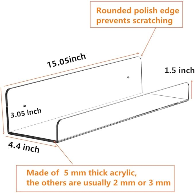 CY craft 15 inch Acrylic Invisible Floating Bookshelf for Kids Room, Modern Picture Ledge Display Toy Storage Wall Shelf 5MM Thick U Shelves Storage Rack,Set of 6-NeatNest