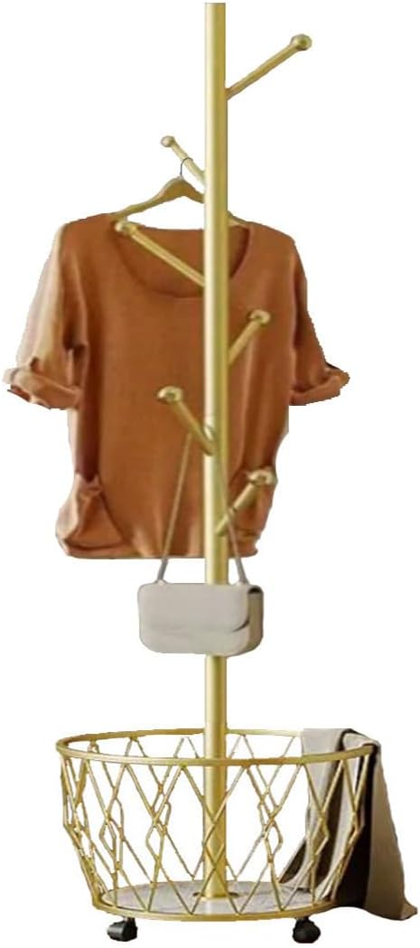 Freestanding Metal Coat Rack Stand with Basket Modern Organizer for Scarf Jacket Hat Bags Ideal for Home Entryway Bedroom Corner Stable and Moveable tree (gold)