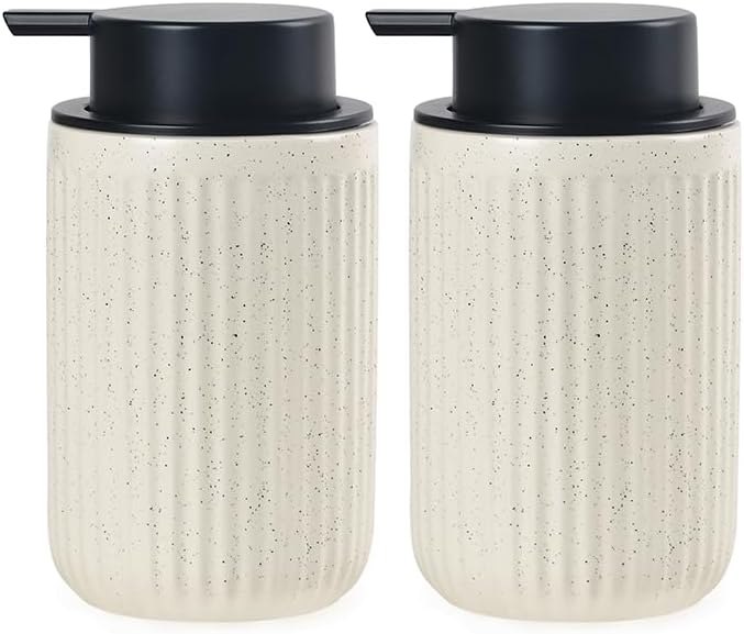 BosilunLife Beige Soap Dispenser Set - 2 Pack 12oz Ceramic Dish Soap Dispenser with Rust Proof Pump for Kitchen, Hand Soap and Lotion Set Suitable for Farmhouse Bathroom Decor with Waterproof Labels-NeatNest