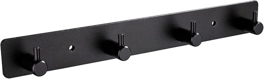 Adhesive Bathroom Black Hook Rail, 4 Matte Black Wall Key Hooks Rack Hanger Towel Robe Stick Door Hooks for Bathroom Toilet Entryway Hallway Kitchen Wall Mounted