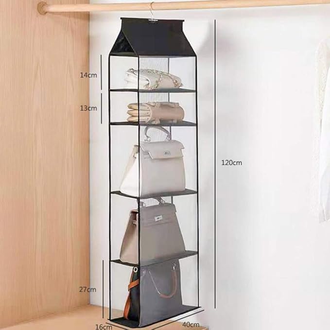 Improved Closet Handbag Purse Holder with 5 Large Heavy-Duty Mesh Shelves, Space Saving Hanging Handbag Storage Tote Bag Organizer Holder for Wardrobe Closet(Black)-NeatNest