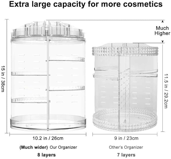 AMEITECH Makeup Organizer, 360 Degree Rotating Adjustable Cosmetic Storage Display Case with 8 Layers Large Capacity, Fits cosmetics, Makeup Brushes, Lipsticks and More, Clear
