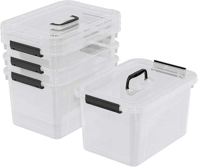 4 Pack 10.5 Quart Latching Storage Bin with Handle, Clear Latch Box