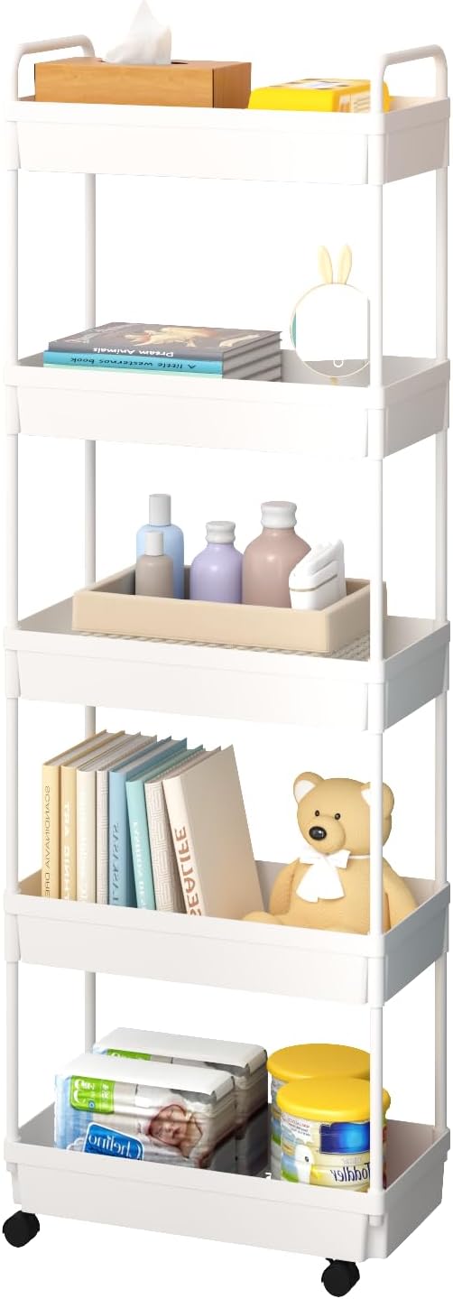 5-Tier Storage Cart，Shelf Organizer Mobile Shelving ，Utility Rolling Cart，Multifunction Movable Storage Organizer with Lockable Wheels,White-NeatNest