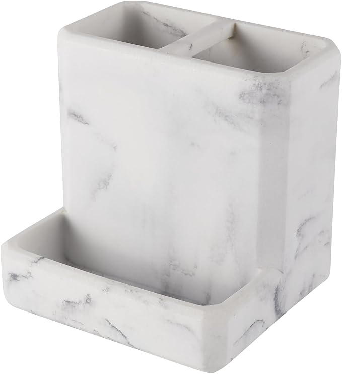 Toothbrush Holder for Bathrooms Organizer Countertop Organizer Accessories, with 3 Compartment Storage for Toothbrush Toothpaste Floss Razors, White Imitation Marble Finish Toothbrushholder03