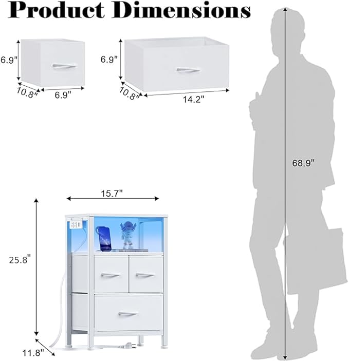 Furnulem Night Stand with Charging Station, LED, USB Ports and Outlets, Bedside Table with Fabric Bins, Nightstand with Open Shelf, Small Storage Side Table for Bedroom (3 Drawer, White)
