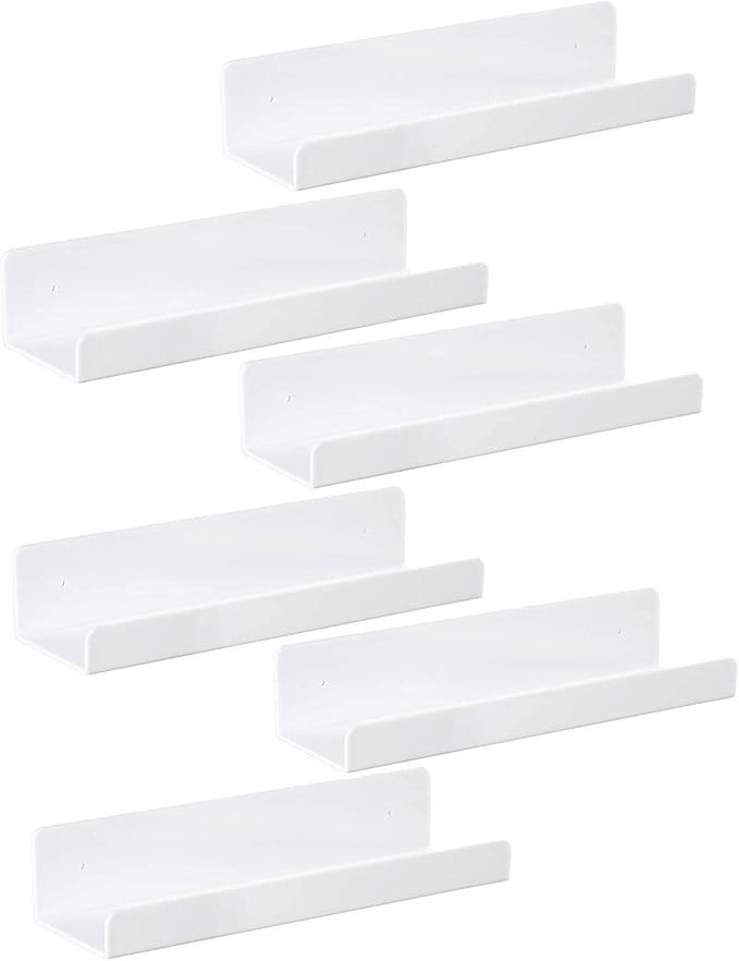 IEEK 6 PCS White Acrylic Floating Shelves Display Ledge,Wall Mounted Nursery Kids Bookshelf,15 Inch Bathroom Wall Shelf and Storage Rack,5mm Thick U Shelf-NeatNest