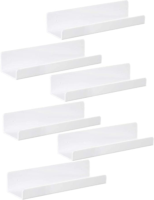 IEEK 6 PCS White Acrylic Floating Shelves Display Ledge,Wall Mounted Nursery Kids Bookshelf,15 Inch Bathroom Wall Shelf and Storage Rack,5mm Thick U Shelf-NeatNest