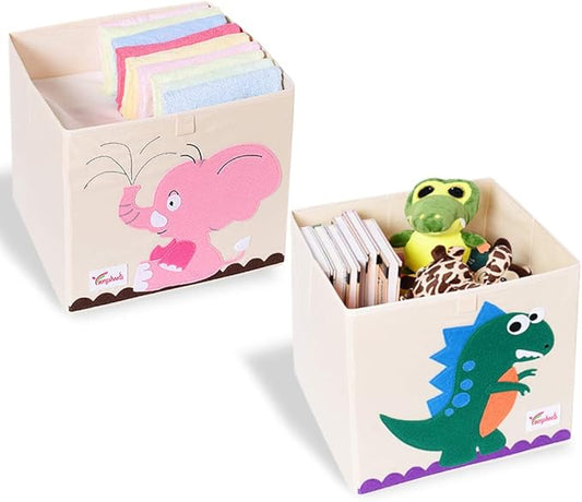 2 Pcs Foldable Animal Toy Storage Box/Bin/Cube, Collapsible Storage Organizer Chest Basket Container for Boys and Girls(13 x 13 x 13 Inch, Dinosaur & Pink Elephant)-NeatNest