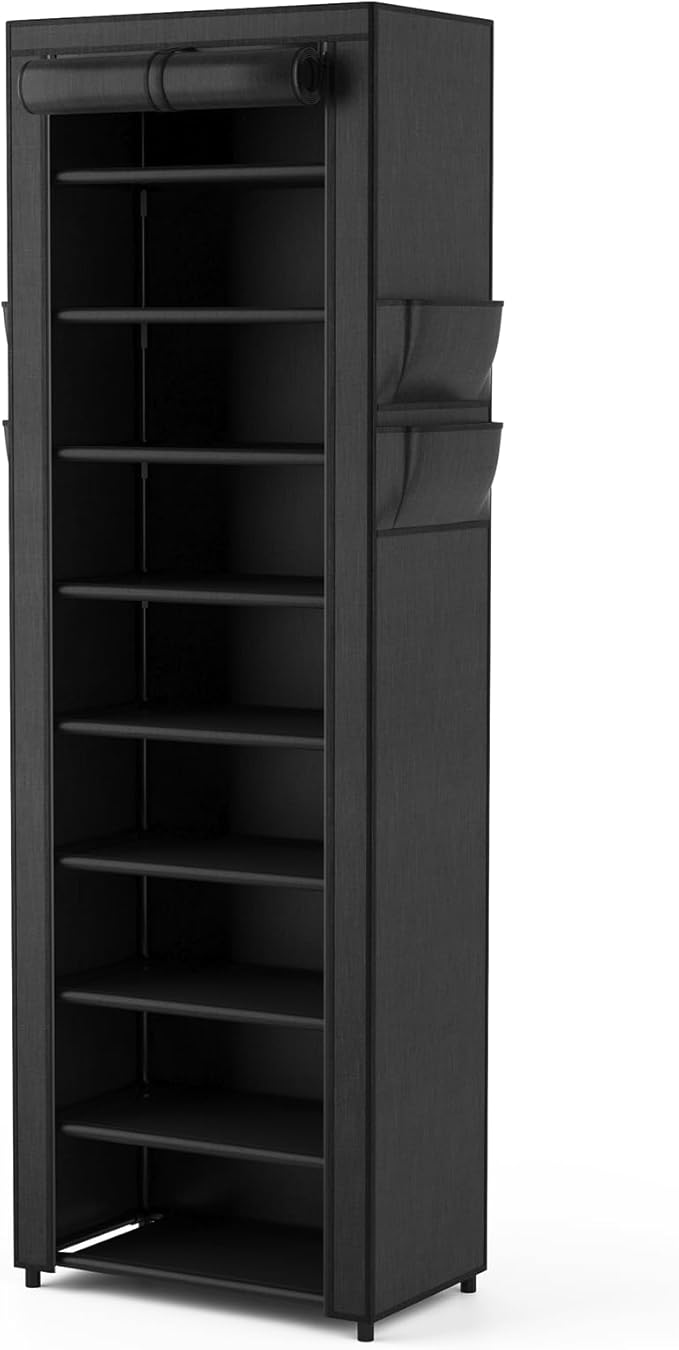 Shoe Rack with Cover Narrow Shoe Organizer with 4 Side Pockets 10 Tier Tall Shoe Storage Holds 18-22 Pairs Shoes and Boots Shoe Rack for Closet Entryway Garage-NeatNest
