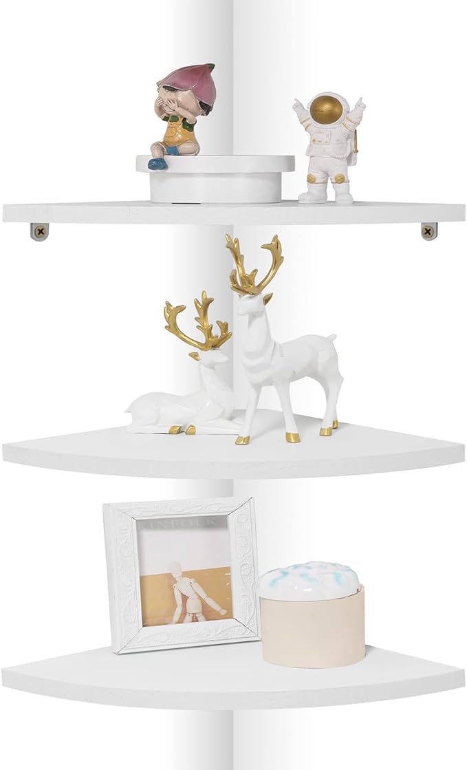 Joiishom Corner Wall Shelf Set of 3, Floating Corner Shelves for Wall, Rustic Wood Wall Storage Display Shelves for Living Room Bedroom Bathroom Kitchen (Round Edge-White)-NeatNest