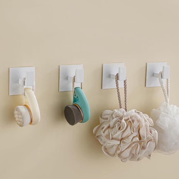 4 Pack Adhesive Towel Holder Bathroom Shower Robe Hook Hanging Coat Clothes Rack Stickers Square Metal Wall Hooks White