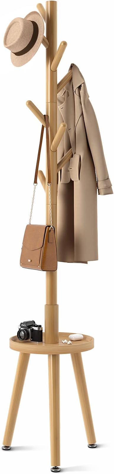 GREENSTELL Coat Rack with 8 Hooks, Wooden Coat Rack Freestanding with Shelf, Coat Tree with 4 Height Options 50.5"-72.6", Coat Hanger Stand for Bags, Clothes, Umbrellas, Hats, in Home, Natural-NeatNest