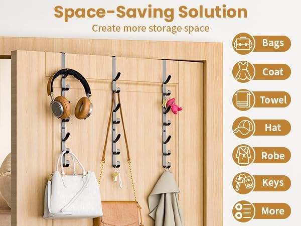 Over The Door Hooks, Metal Door Hooks for Hanging,Door Purse Organizer for Door Coat Hanger, Back of Shower for Hanging Towel Rack Clothes, Hat, Bathroom Bathroom Dorm Bedroom Closet (Black-3Packs)