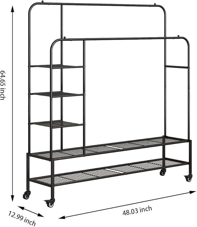 Garment Rack for Hanging Clothes Rack Heavy Duty Portable with Bottom Metal Shelf Drying Coats Shirt,Black (Black+Double Rods+Shelf)-NeatNest