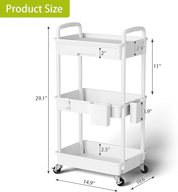 3 Tier Rolling Cart Organizer,Laundry Room Bathroom Organizers and Storage Office Shelves Mobile Shelving Unit Kitchen Trolley Cart with Wheels for Art,Craft,Diaper,Bedside,Snack(White)-NeatNest