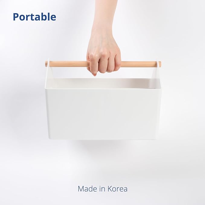 BLUE GINKGO Medium Storage Basket – Plastic Caddy with Wooden Handle for Office, Arts & Crafts, or Home Supplies (White)-NeatNest