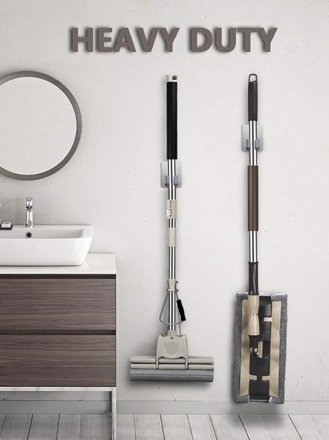 HANZE 2 Pack Stainless Steel Mop Broom Holder Organizer, Self Adhesive Wall Mounted Mop Organizer Storage Rack Clip for Kitchen Bathroom and Garage (Rectangle, Large)-NeatNest