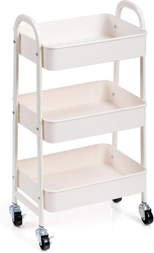 AGTEK 3-Tier Rolling Carts with Wheels, Rolling Utility Cart with Iron Frame for Kitchen, Plastic Shelves, Living Room, Office, White