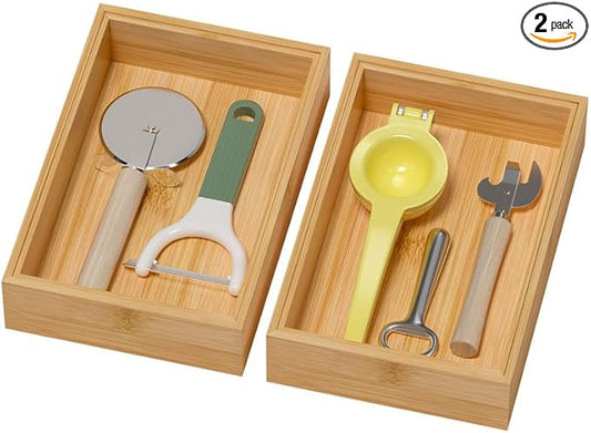 Bamboo Drawer Organizer, Cutlery Silverware Organizer for Kitchen Drawer, Stackable Utensil Organizer, 2 Pcs Flatware Organizer for Drawer, Wooden Storage Box Tray (Bamboo, 9 X 6 X 2 Inch)-NeatNest