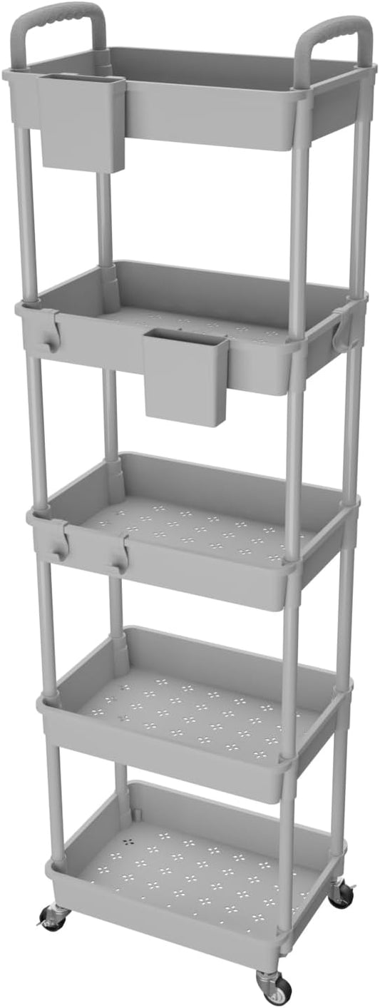 5 Tier Rolling Utility Cart with Handle,REBECAT Utility Cart Made of Multifunctional Storage Organizer Tool for Kitchen,Bathroom,Living Room,Office(Gray)-NeatNest
