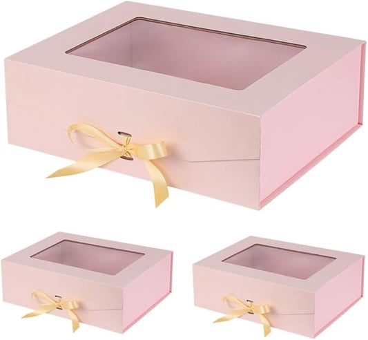 3 Pcs Pink Extra Large Gift Box for Presents with Ribbon 16.5x13x5.3 Inches Clear Gift Box with Window Magnetic Closure Gift Boxes with Lids-NeatNest