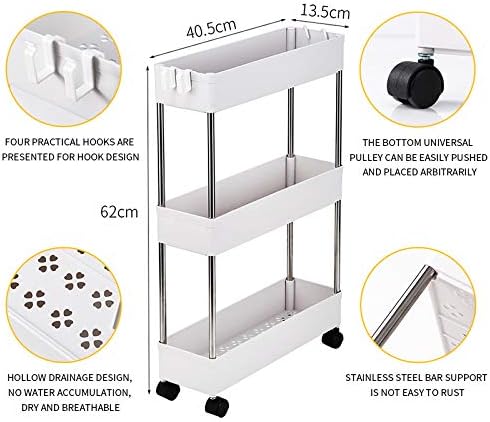 3-Tire Slim Storage Cart with 4 Hooks, Multi-Functional Narrow Rolling Kitchen Shelving Unit for Kitchen, Bathroom, Laundry Room, Office, White