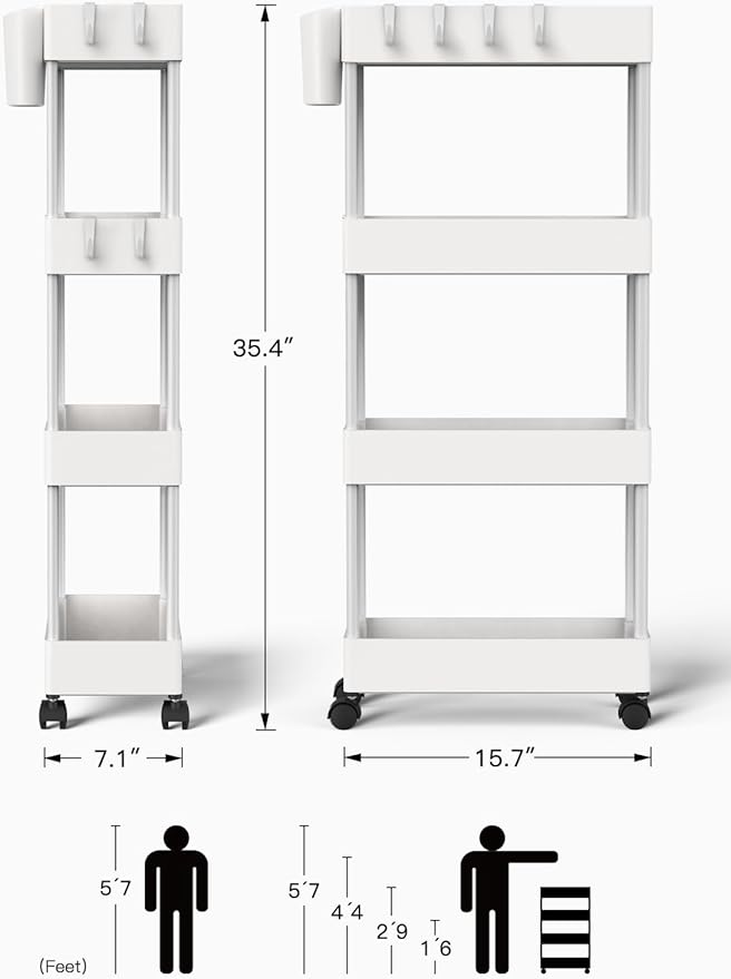 Pipishell Slim Storage Cart with Wheels, 4 Tier Bathroom Storage Organizer Rolling Utility Cart for Bathroom Kitchen Laundry Room Office Narrow Place (White)-NeatNest