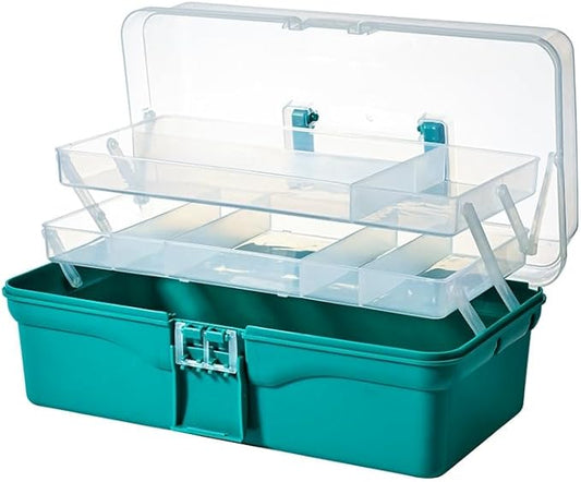 BangQiao 13.40 Inch 2-Tier Trays Clear Green Plastic Storage Container Organizer Box, Multipurpose Portable Carrying Case with Latch Lock and Handle for Art, Craft, Sewing Supplies, First Aid, Makeup