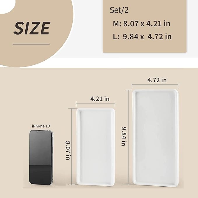 Gurygo 2 Pack 8"/10" Bathroom Trays, Ceramic Vanity Trays for Bathroom, Small Ceramic Tray, Kitchen Soap Tray for Kitchen Counter (White,Set/2)-NeatNest