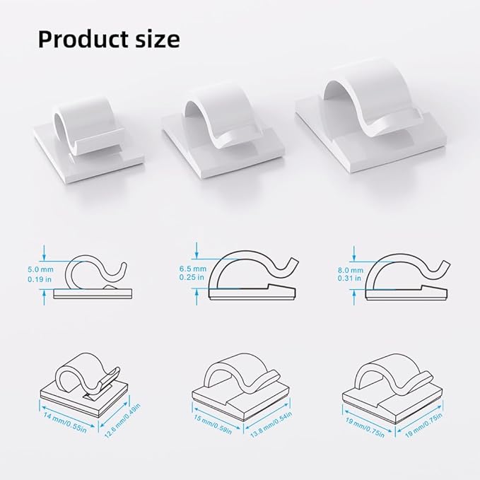 100 PCS White Adhesive Cable Clips Cord Organizer (Small, Medium,Large),Wire Holder for Cable Management, Outdoor Light Clips Light Hooks for LED String,Car Dash Cam, Extension Cord (White)-NeatNest