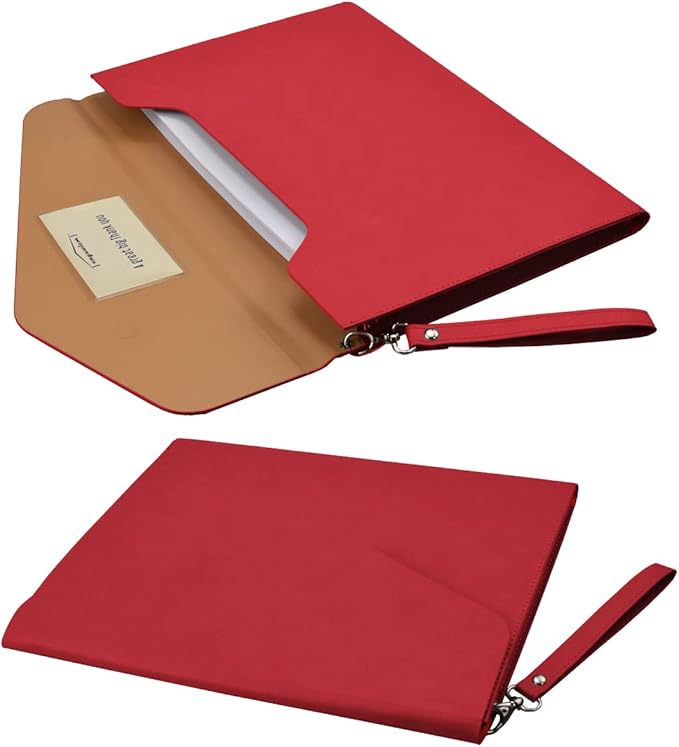 Enyuwlcm PU A4 Leather File Folder Document Holder Folder Stylish Portfolio Envelope Case with Strap and Invisible Magnetic Closure (Red)