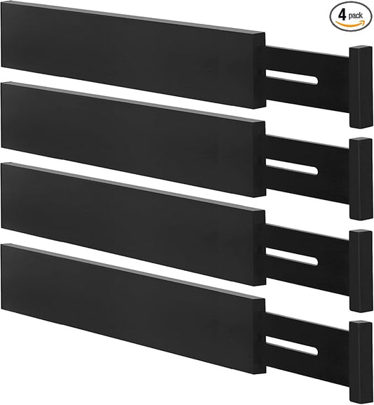 Bamboo Drawer Dividers Organizers, Kitchen Drawer Organizer, Adjustable Drawer Divider for Clothes, Kitchen, Dresser, Bedroom, Bathroom and Office, 4-Pack (Black, 12-17 IN)-NeatNest