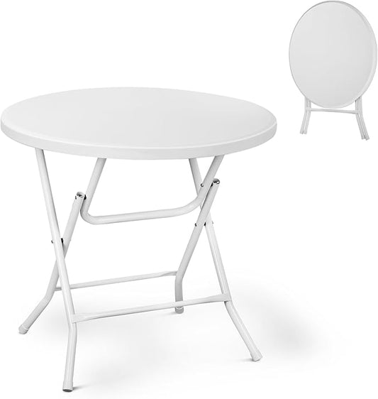 Athena Collection 2.6ft Plastic Folding Dining Table, Portable Round Card Table with Steel Legs for Indoor Outdoor, Foldable Heavy Duty for Camping Party, White-NeatNest
