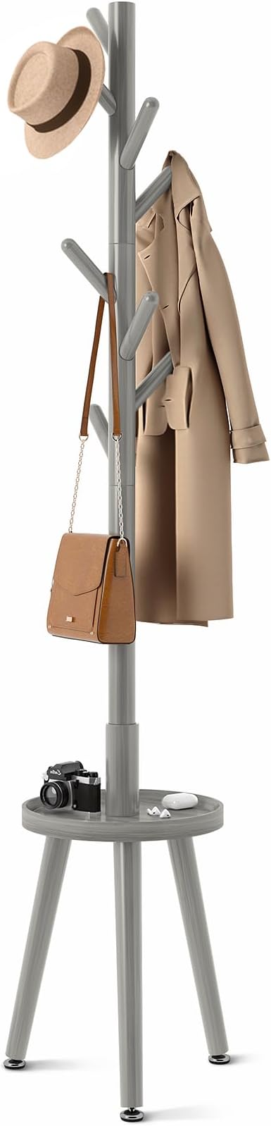 GREENSTELL Coat Rack with 8 Hooks, Wooden Coat Rack Freestanding with Shelf, Coat Tree with 4 Height Options 50.5"-72.6", Coat Hanger Stand for Bags, Clothes, Umbrellas, Hats, in Home, Gray-NeatNest
