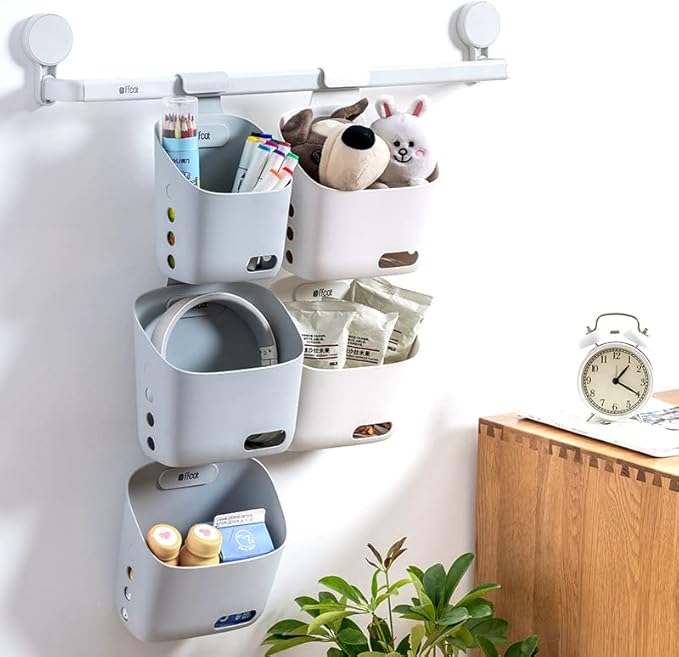 Plastic Hanging Basket Kitchen Storage organizer, Basket with Detachable hook, Hang it behind a door or on a railing, Over the Cabinet Door (Grey, Small-2 Pack)