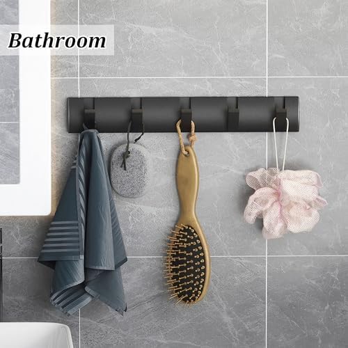 Black Coat Rack Wall Mount with 5 Hooks, 15.8 Inch Waterproof Heavy Duty Coat Wall Hooks, Space Aluminum Material, Folding Hideaway Towel Hanger for Entryway, Wall, Door, Bathroom-NeatNest