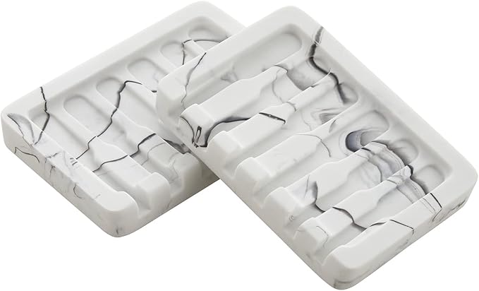 2PCS Self Draining Soap Dish - Marble Look Soap Holder Tray Savers Box Container Sponge Holder for Bathroom Shower Kitchen, White-NeatNest