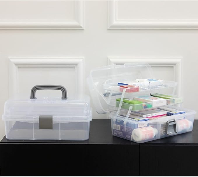 BangQiao 2-Tier Trays Clear Gray Plastic Storage Container Organizer Box, Multipurpose Portable Carrying Case with Latch Lock and Handle for Art, Craft, Sewing Supplies, First Aid, Makeup