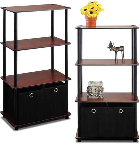 Furinno Go Green 4-Tier Multipurpose Storage Shelf with Bins, Set of 2, Dark Cherry-NeatNest