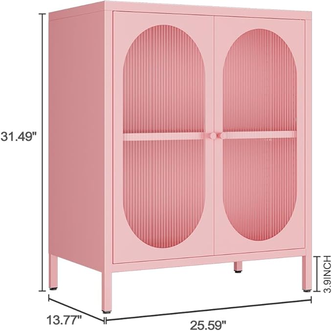 2 Doors Locker Metal Storage Cabinet, Buffet Cabinet with Glass Doors, Freestanding Metal Sideboard for Small Spaces, Living Room, Dining Room, Entryway (Buffet Cabinet, Pink)