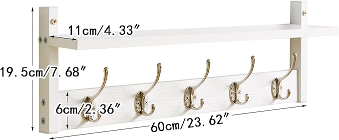 YMYNY Coat Rack Wall Mount with Shelf, 2 Pack 23.6" Coat Hooks Wall Mount, Wall Hooks for Hanging, Coat Hanger Wall Mount, Hat Rack for Wall, Towel Hooks for Bathrooms, White UHWS004W-2-NeatNest