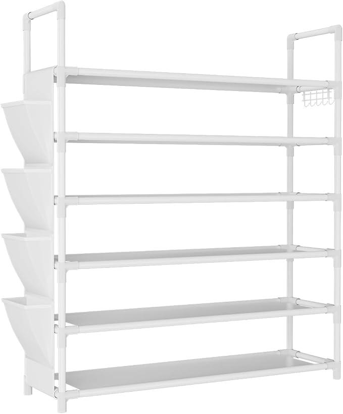 6 Tier Shoe Rack Storage for 24-30 Pairs Shoe and Boot, Shoe Organizer with Hook and Side Pocket Free Standing Long Shoe Shelf Tall Shoe Rack Organizer for Closet, Entryway, Dorm, White-NeatNest