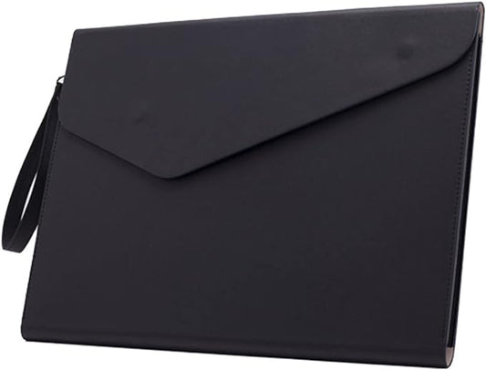 Enyuwlcm PU A4 Leather File Folder Document Holder Folder Stylish Portfolio Envelope Case with Strap and Invisible Magnetic Closure (Black)