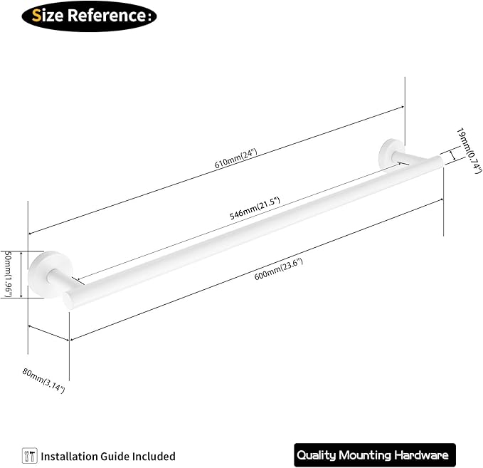 GERZWY 24-Inch Bathroom Towel Bar Modern Round Style Bath Towel Bar SUS 304 Stainless Steel Wall Mount, White